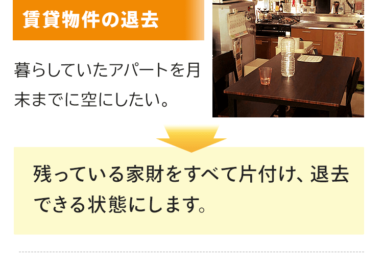 賃貸物件の退去。暮らしていたアパートを月末までに空にしたいとのご要望。おうち整理士は残っている家財をすべて片付け、退去できる状態にします。