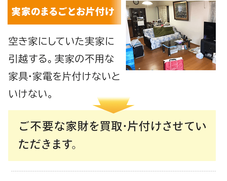 実家のまるごとお片付け。空き家にしていた実家に引越する。実家の不用な家具･家電を片付けたいとのご要望。おうち整理士はご不要な家財を買取･片付けさせていただきます。