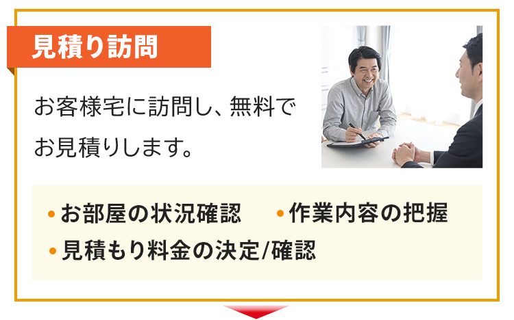 ②見積り訪問 お客様宅に訪問し、無料でお見積りします。※出張費も無料です。お部屋の状況確認、作業内容の把握、見積り料金の決定／確認