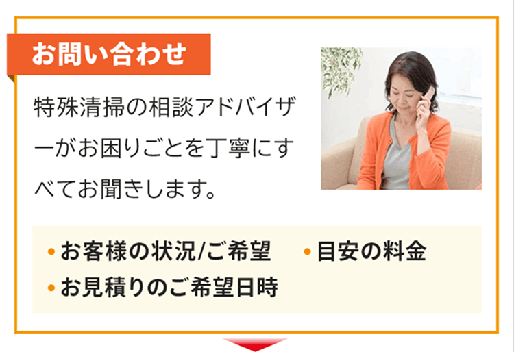 お問い合わせ。遺品整理の相談アドバイザーがお困りごとを丁寧にすべてお聞きします。お客様の状況やご希望、目安の料金、お見積りのご希望日時などをお話します。