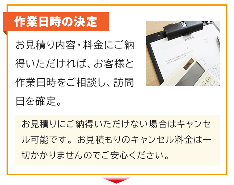 作業日時の決定。お見積り内容・料金にご納得いただければ、お客様と作業日時をご相談し、訪問日を確定します。お見積りにご納得いただけない場合はキャンセル可能です。お見積もりのキャンセル料金は一切かかりませんのでご安心ください。